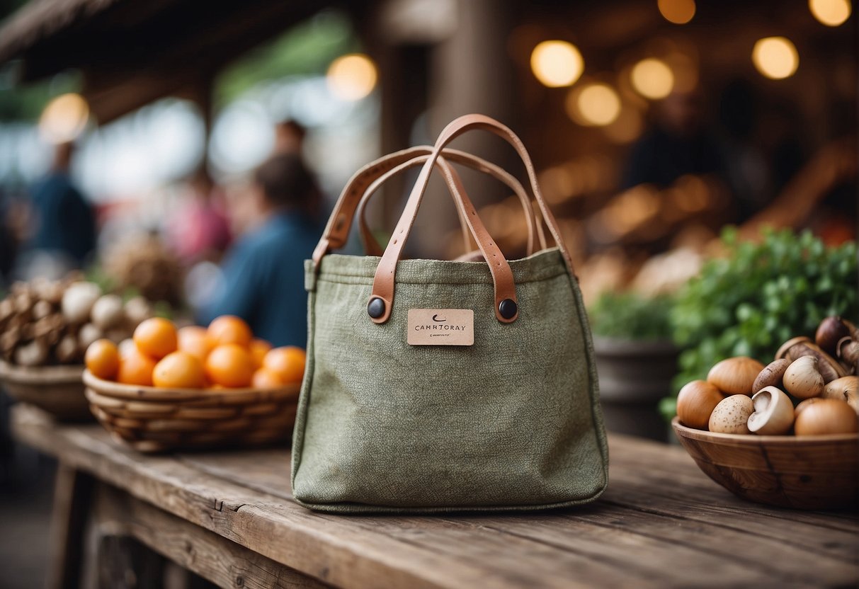 A handcrafted mushroom foraging bag is being purchased and supported by a customer in a rustic outdoor market setting
