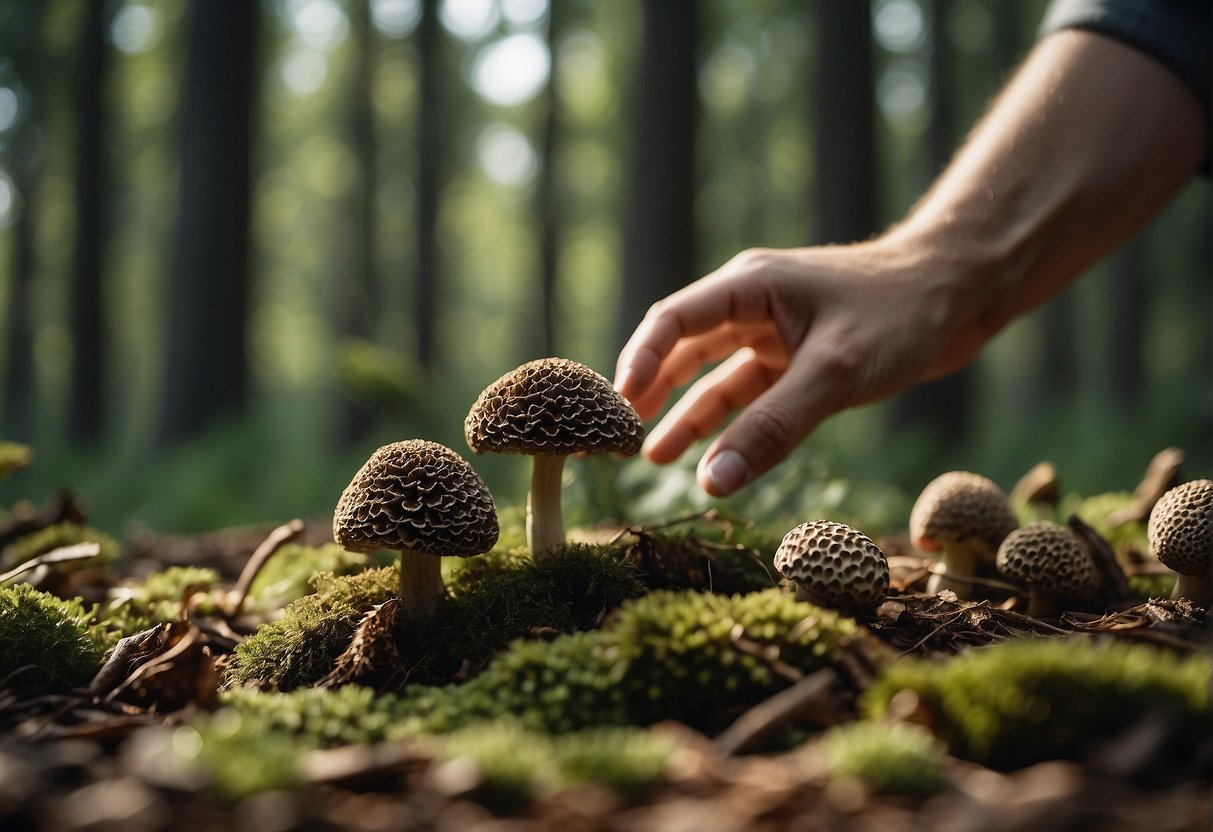 A hand reaching for morel mushrooms in a forest clearing