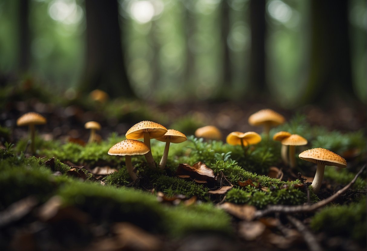 Lush forest floor with fallen leaves, damp soil, and scattered mushrooms of various shapes and sizes