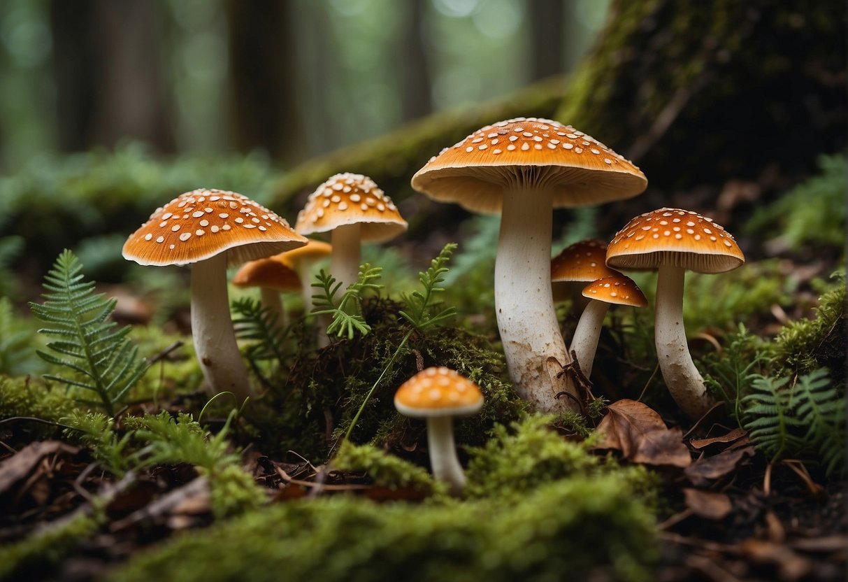 A forest floor with various types of mushrooms in different shapes, sizes, and colors. A guidebook on mushroom identification and safety lies open nearby