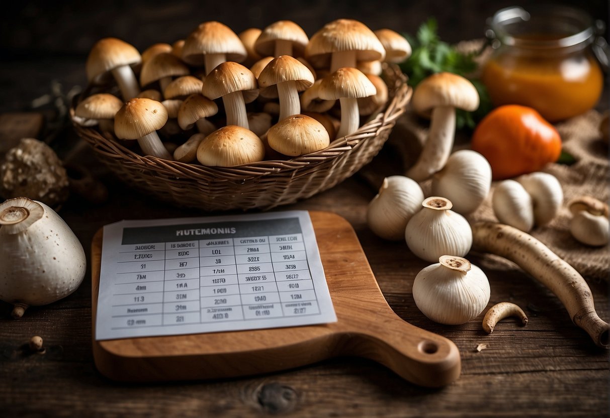 Freshly picked mushrooms displayed on a wooden cutting board with various culinary utensils and a nutritional information chart in the background