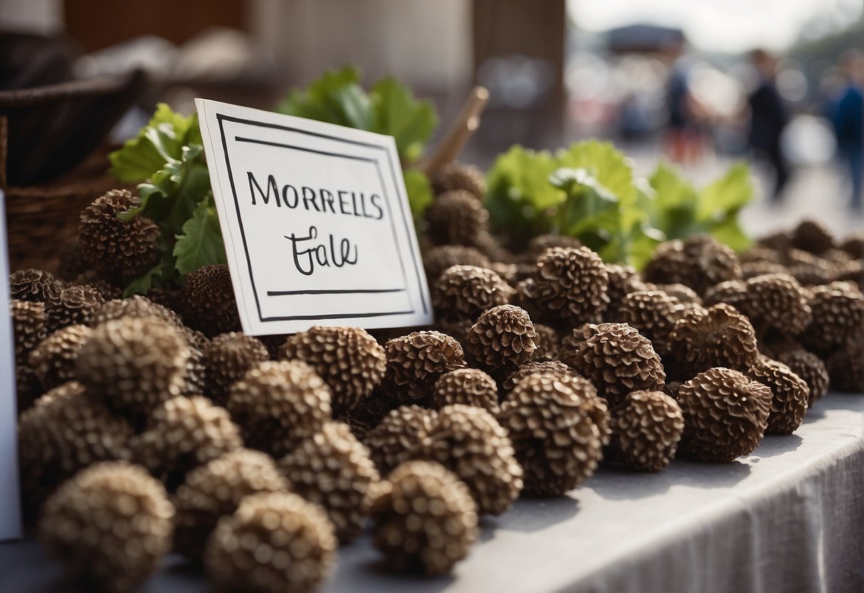 A table covered in fresh morels with a handwritten sign "Morels for sale" at a farmers market
