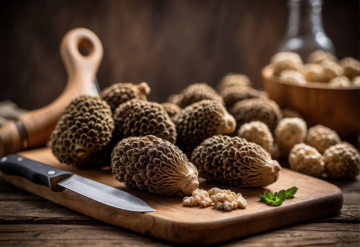 Fresh morels arranged on a wooden cutting board, with a knife and a sign indicating "Morels for Sale" in the background