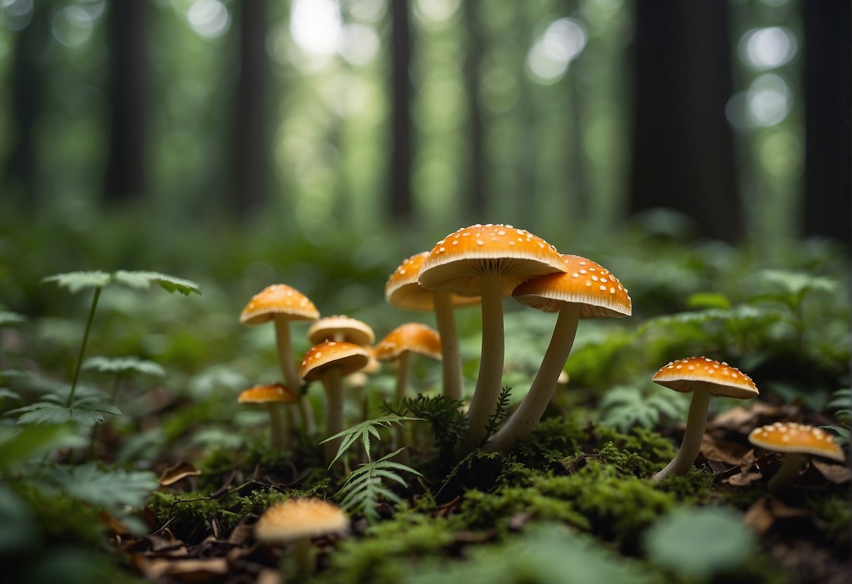 Lush forest floor with various edible mushrooms in Kentucky