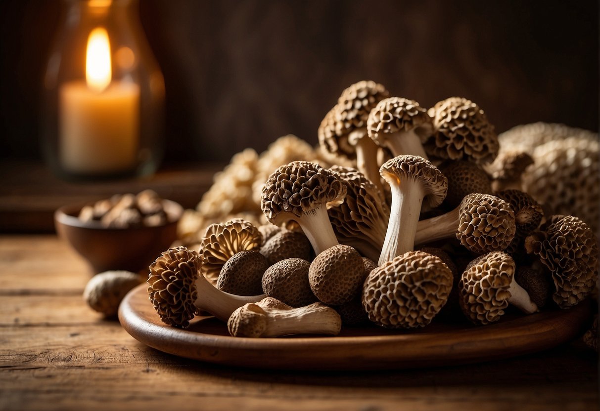 A pile of morel mushrooms sits on a wooden table, with a price tag next to them. The light from a nearby window casts a warm glow on the earthy brown and tan colors of the mushrooms