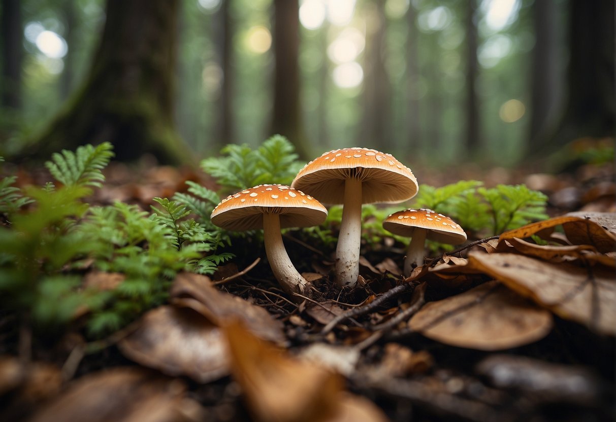 Fruiting mushrooms sprout from damp forest floor, surrounded by fallen leaves and dappled sunlight