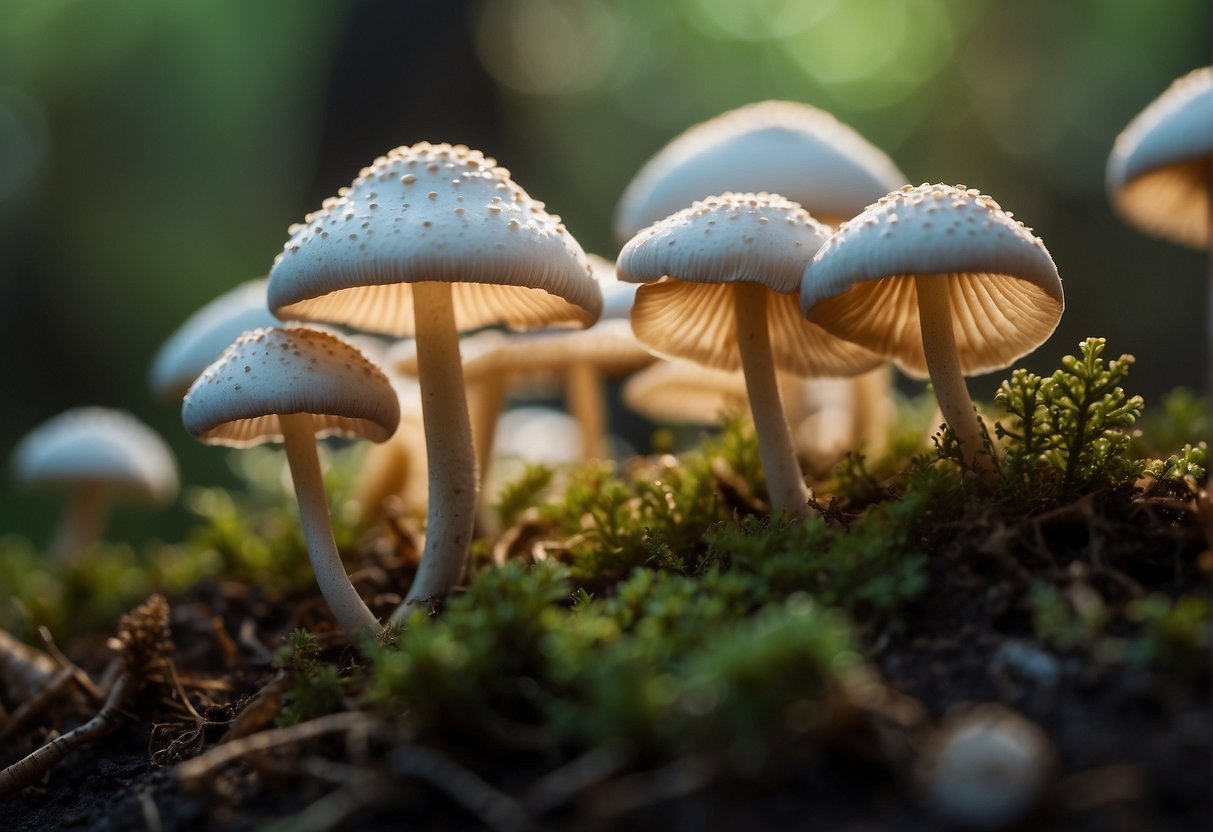 Mushroom cultivation: Fruiting bodies emerge from substrate in a controlled environment. Light illuminates the mushrooms, showcasing their unique shapes and colors