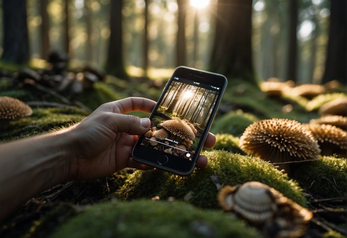 A person using a smartphone to identify mushrooms in a forest, with a guidebook and basket nearby. The sun is shining through the trees, creating dappled light