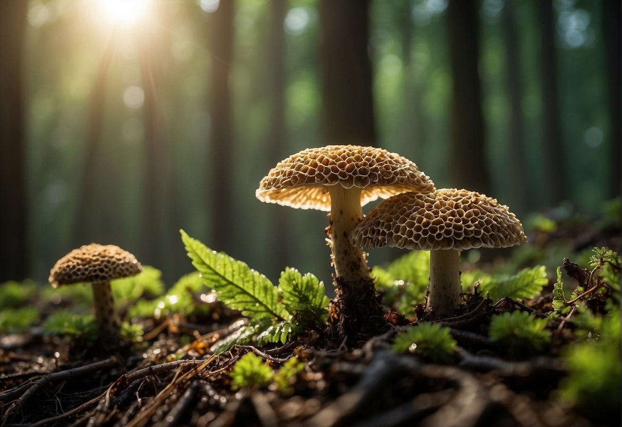 Morels sprout from damp forest floor, their honeycomb caps reaching towards the sunlight filtering through the canopy