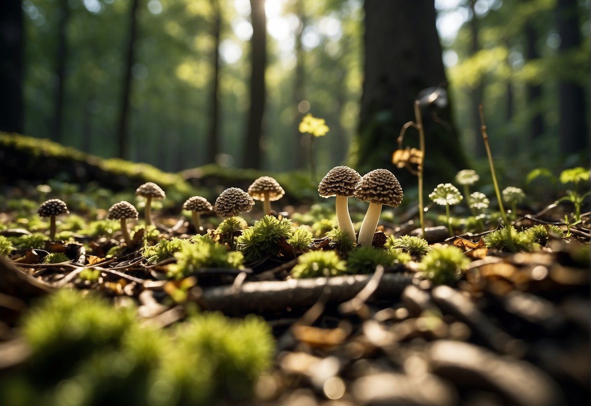 Lush forest floor with wild morels sprouting among fallen leaves and twigs, surrounded by trees and dappled sunlight