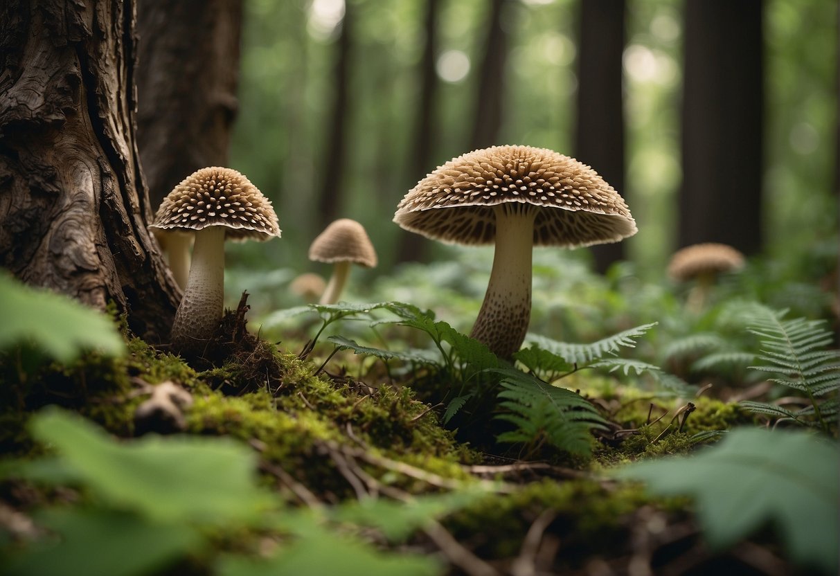 Lush forest with towering morel mushroom trees, surrounded by diverse plant life and wildlife, showcasing conservation and sustainability