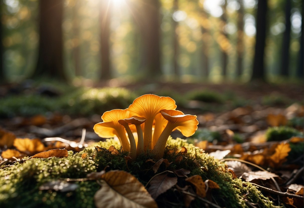 A close-up of chanterelle mushrooms growing on the forest floor, surrounded by fallen leaves and dappled sunlight