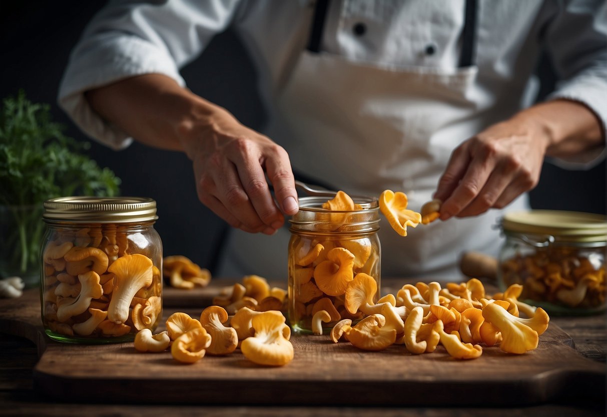 A chef slices and sautés fresh chanterelle mushrooms, then carefully preserves them in jars with herbs and vinegar