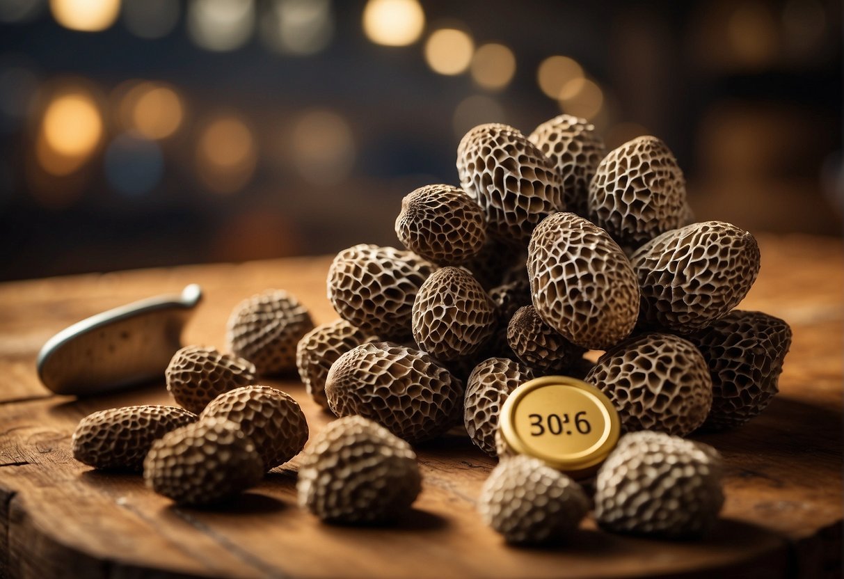 A pile of morel mushrooms sits on a wooden table with a price tag next to them