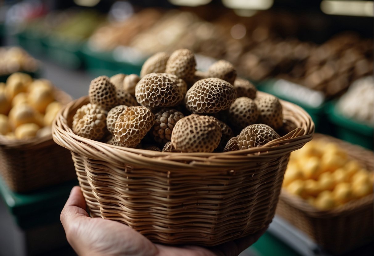 A person places morel mushrooms in a basket at a market, then stores them in a refrigerator