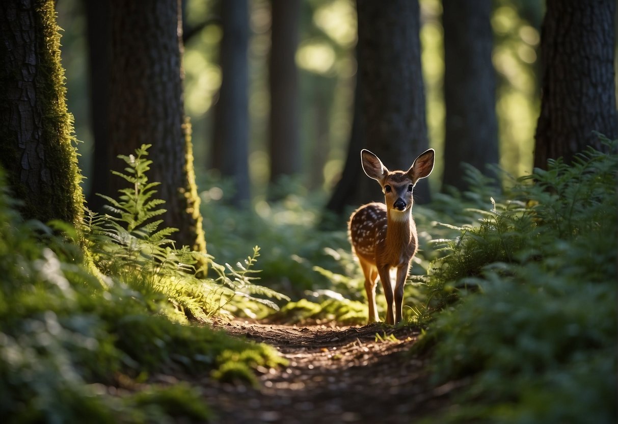 A forest scene with dappled sunlight filtering through the trees, casting shadows on the forest floor. A small animal, such as a deer or rabbit, cautiously peeking out from behind a tree, its ears perked up as it assesses the