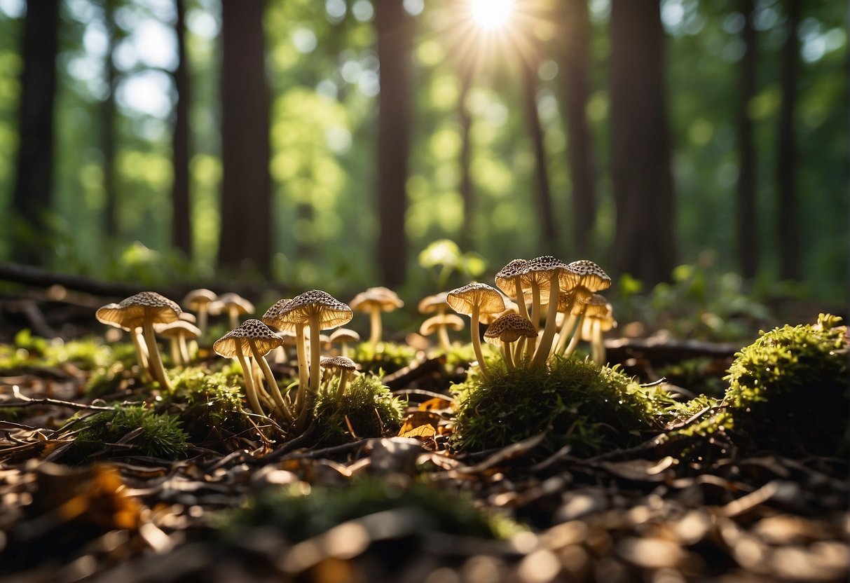 Lush forest floor with scattered morel mushrooms in Indiana. Sunlight filters through the trees, casting dappled shadows on the ground