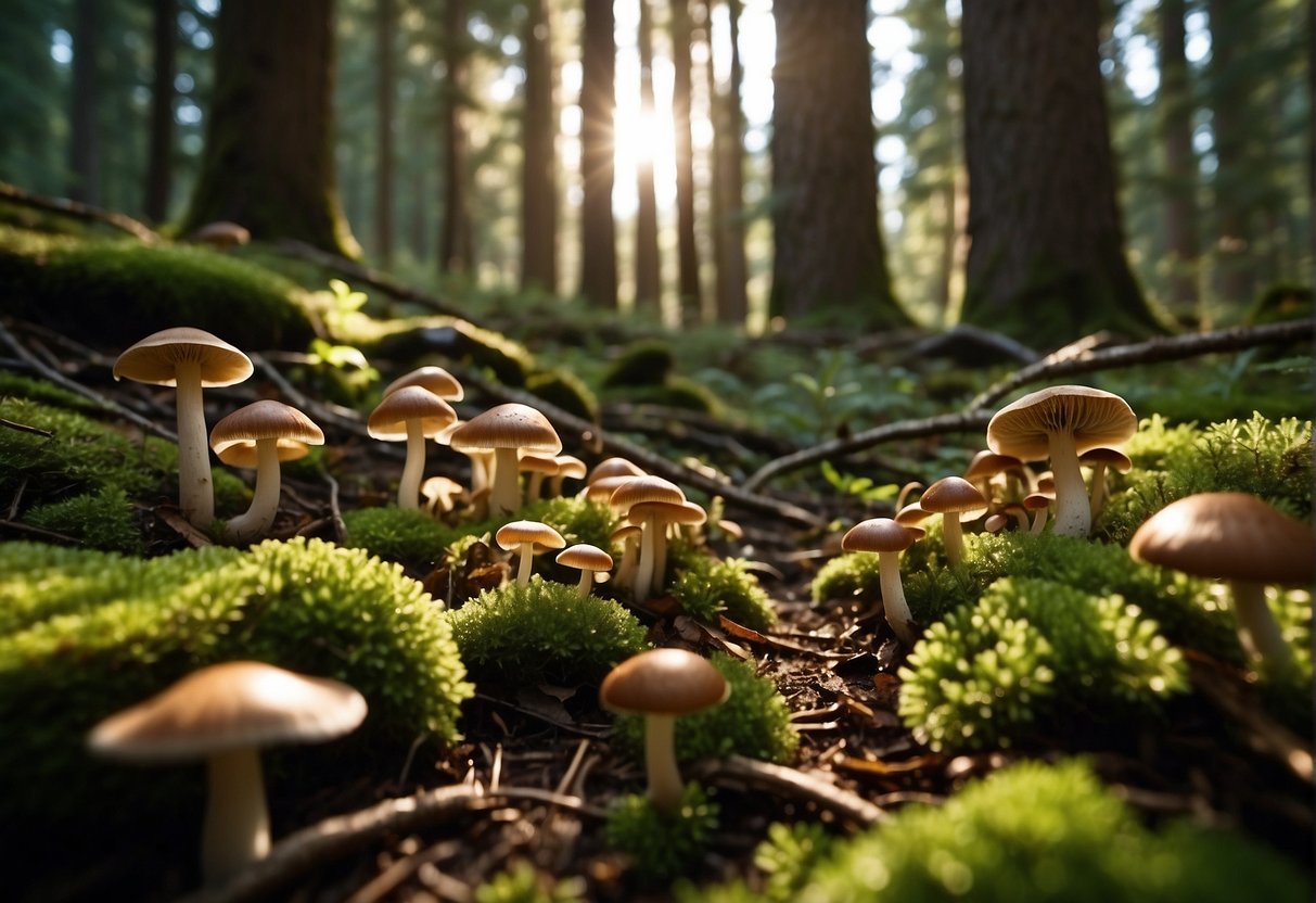Lush forest floor in Washington state, dotted with various edible mushrooms in different shapes and sizes. Sunlight filters through the dense canopy, casting dappled shadows on the forest floor