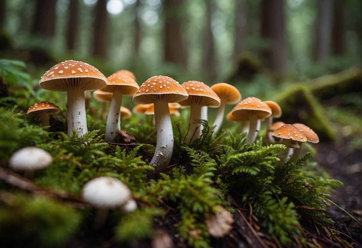 Lush forest floor with diverse mushrooms in Washington state, following best foraging practices