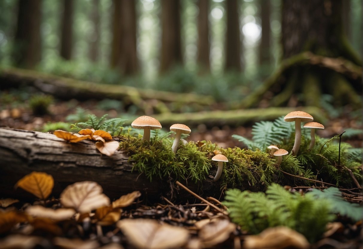 Lush forest floor in Washington State, with diverse mushroom species growing among fallen leaves and decaying logs. Wildlife foraging for food