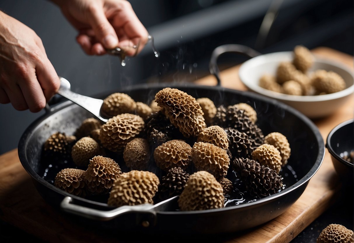 Morels soaking in water, plumping up. A chef adding rehydrated morels to a sizzling pan