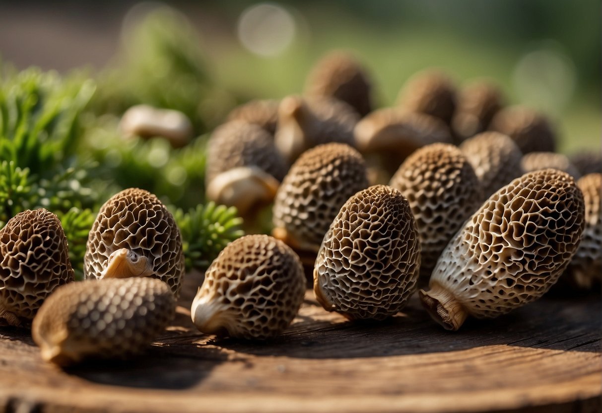 Fresh morel mushrooms displayed on a wooden table for sale