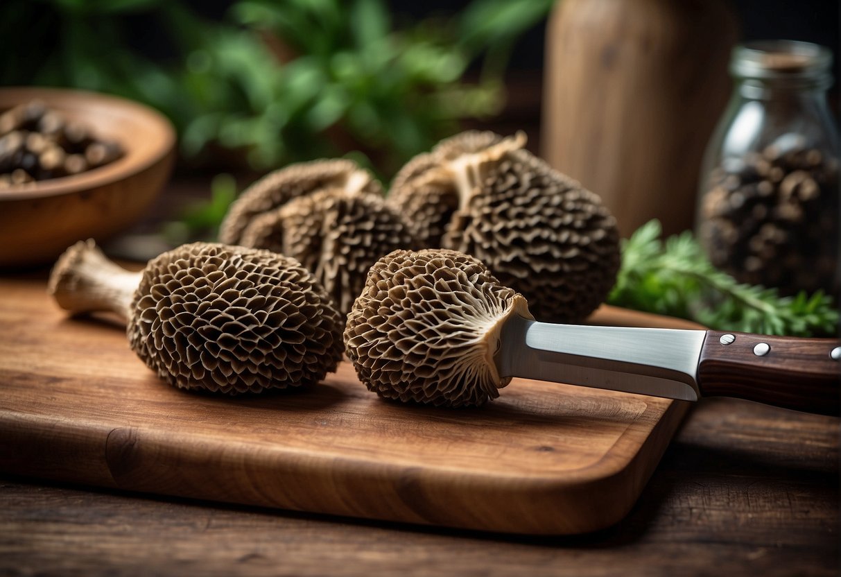 Fresh morel mushrooms displayed on a wooden cutting board with a knife, ready for culinary use