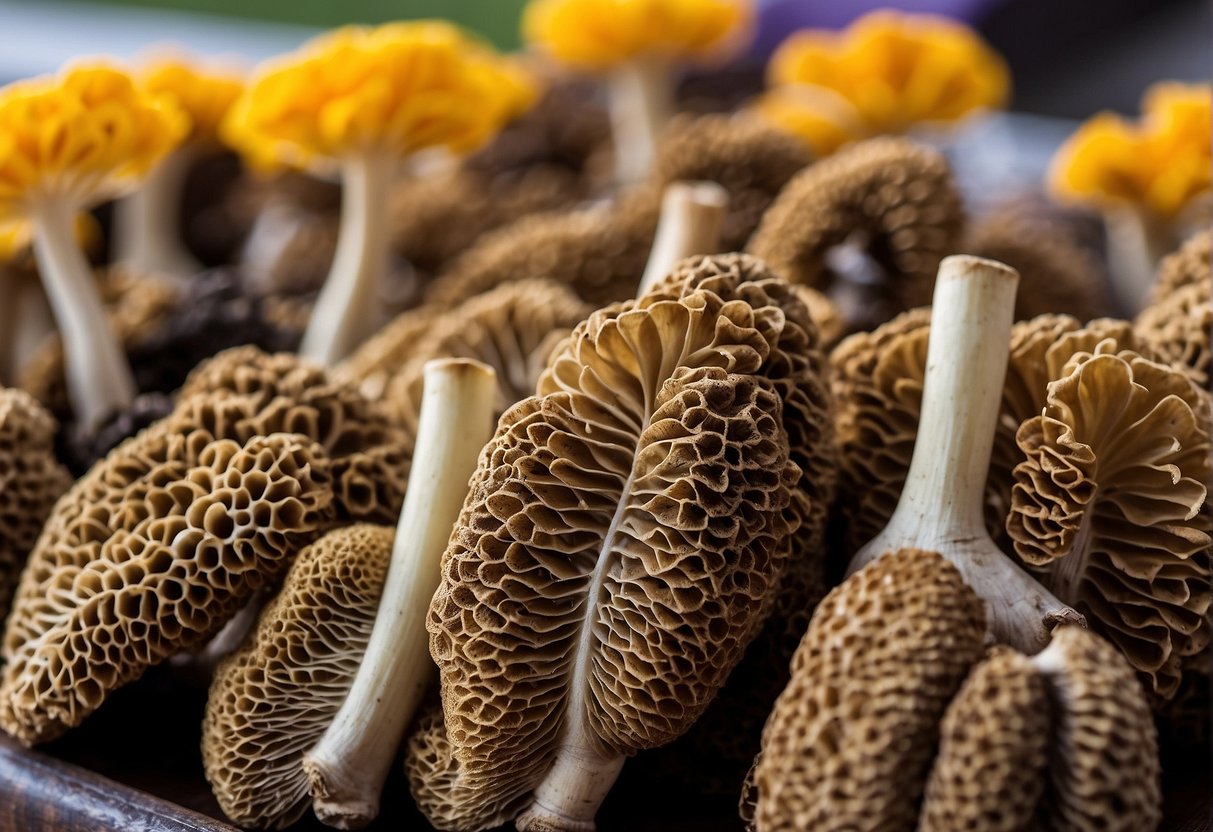 Fresh morel mushrooms arranged in a colorful display, with a sign advertising their health benefits and nutrition, ready for sale