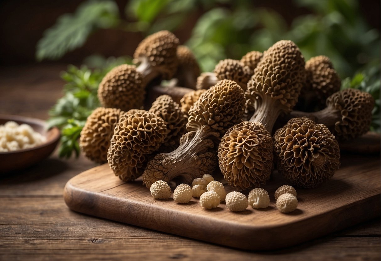 Fresh morels arranged on a rustic wooden table for sale