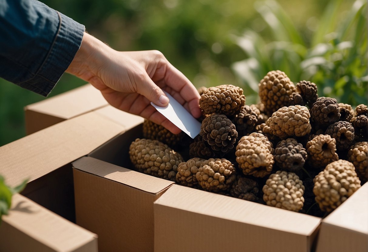 A hand reaches for a basket of fresh morels, while a shipping label is printed and affixed to a cardboard box