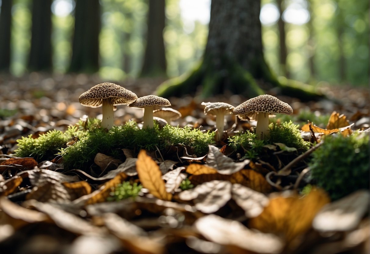 Lush forest floor in Illinois, with morel mushrooms scattered among fallen leaves and twigs. Sunlight filters through the trees, casting dappled shadows