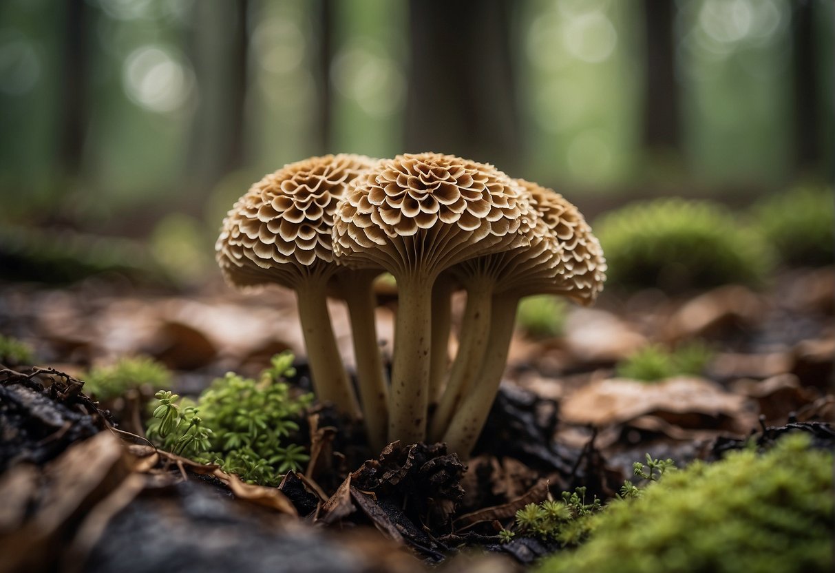 A cluster of blonde morel mushrooms sprout from damp forest floor