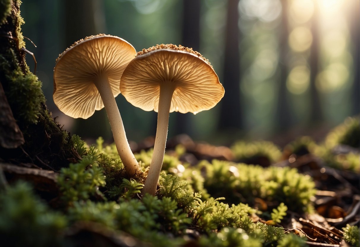 Blonde morel mushrooms sprout from forest floor, surrounded by fallen leaves and moss, with shafts of sunlight filtering through the trees