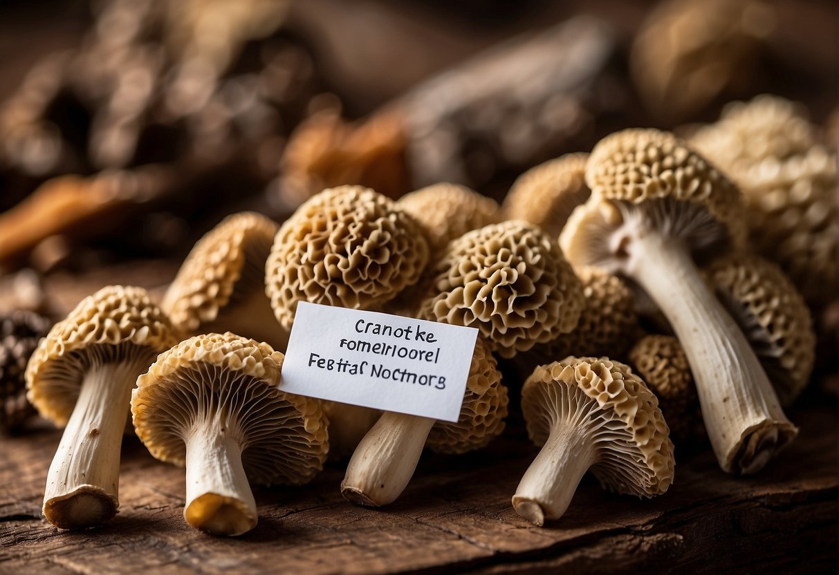 A pile of blonde morel mushrooms with a label showing their health benefits and nutritional facts