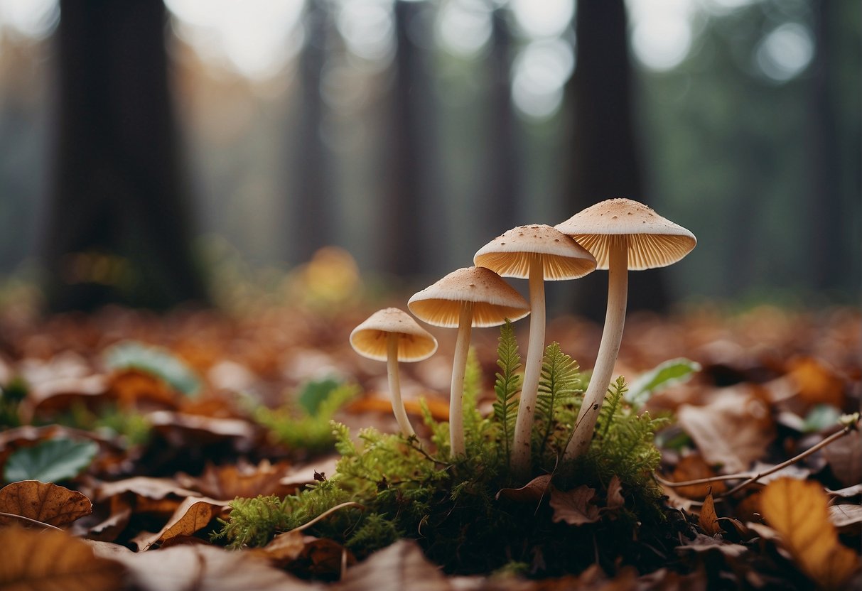 Mushrooms sprout amidst fallen leaves, bringing joy to the quiet hunt
