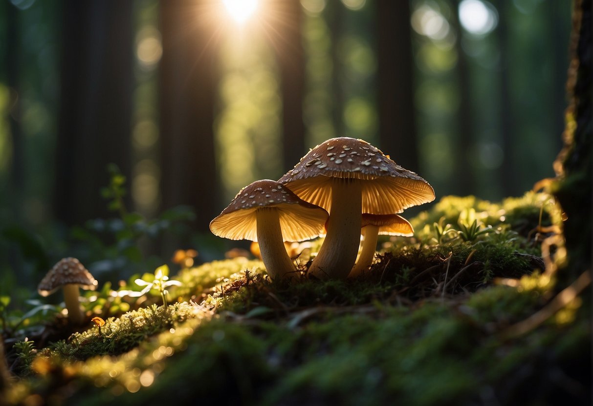 Sunlight filters through the dense forest canopy, illuminating a lush bed of wild mushrooms. A delicate balance of art and science, the forager carefully collects the bountiful treasures of the earth