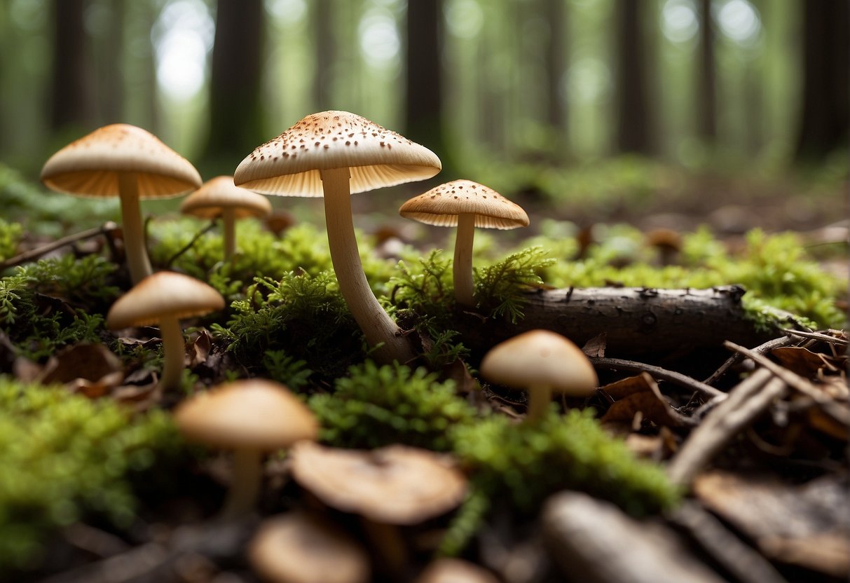 Mushrooms sprout from the forest floor, their earthy colors blending seamlessly with the leaf litter. Sunlight filters through the trees, casting a warm glow on the delicate fungi, inviting the viewer to join in the quiet joy of mushroom hunting