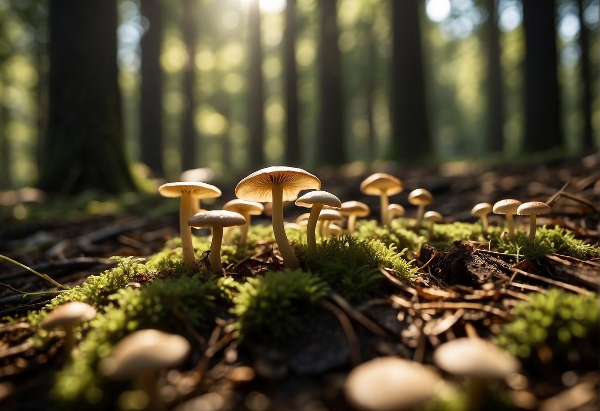 A forest floor scattered with mushrooms of various shapes and sizes, surrounded by tall trees and dappled sunlight
