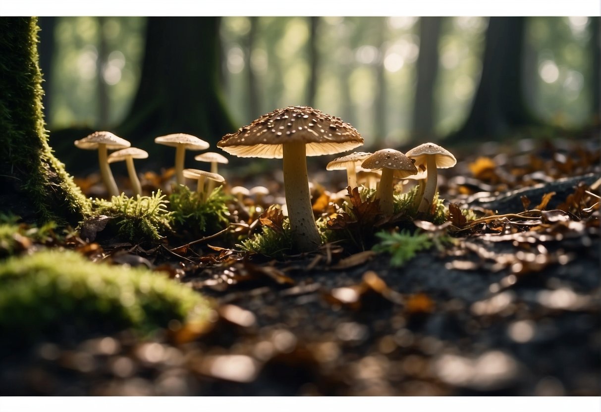 Lush forest floor in autumn, with fallen leaves and damp earth. Sunlight filters through the canopy, illuminating clusters of wild mushrooms
