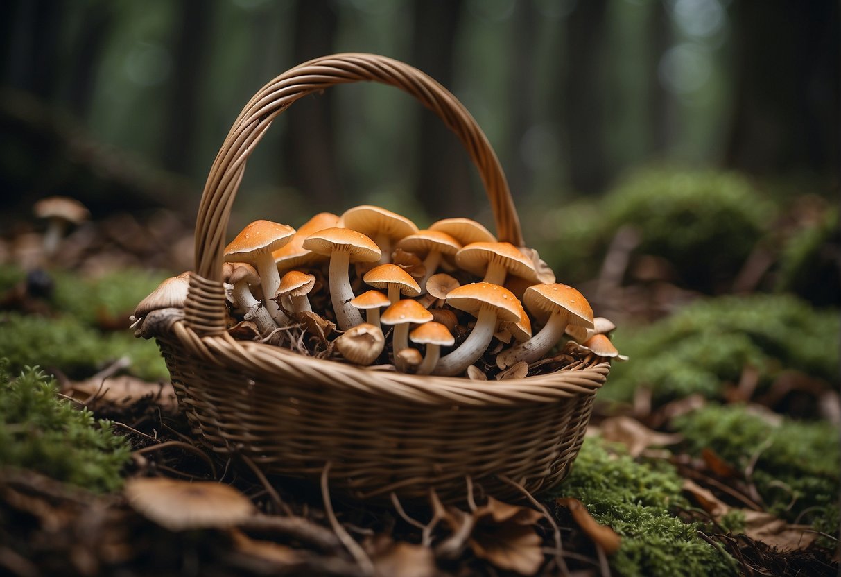 A forest floor scattered with various wild mushrooms, some being carefully harvested and placed in a woven basket