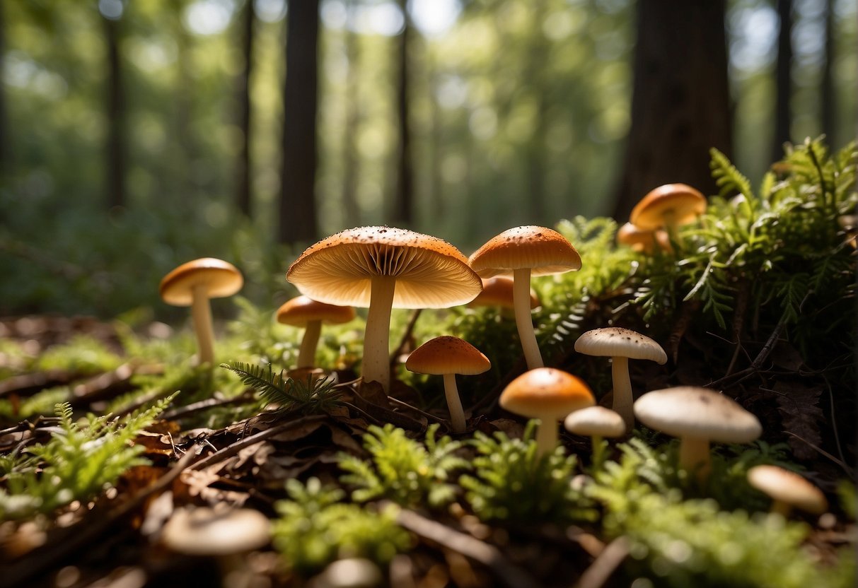 Lush forest floor in Kentucky, dotted with various edible mushrooms in shades of brown, white, and orange. Sunlight filters through the trees, casting dappled shadows on the ground