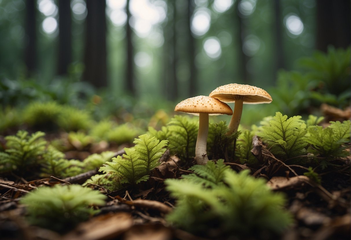 Lush forest floor with diverse mushrooms, some being harvested for conservation in Kentucky