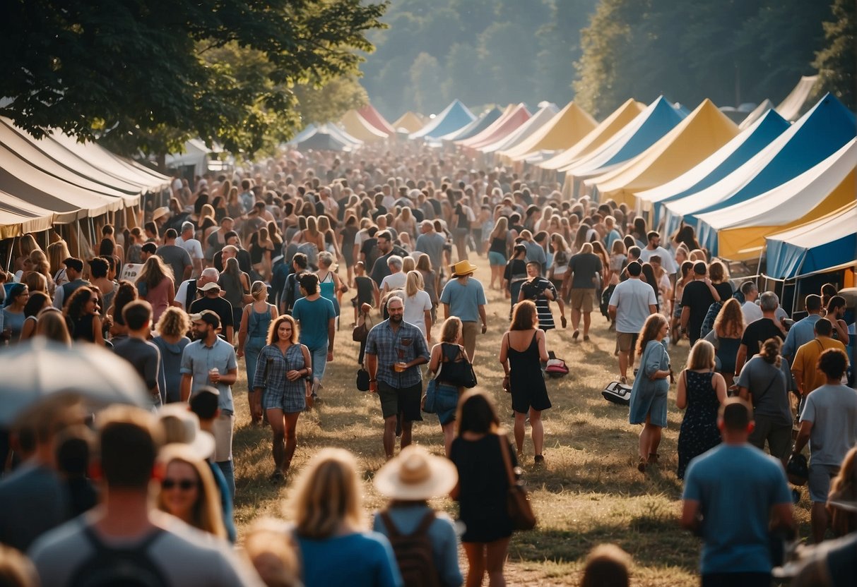 A bustling festival scene with colorful tents, people sampling various mushroom dishes, and a community event celebrating edible mushrooms in Kentucky