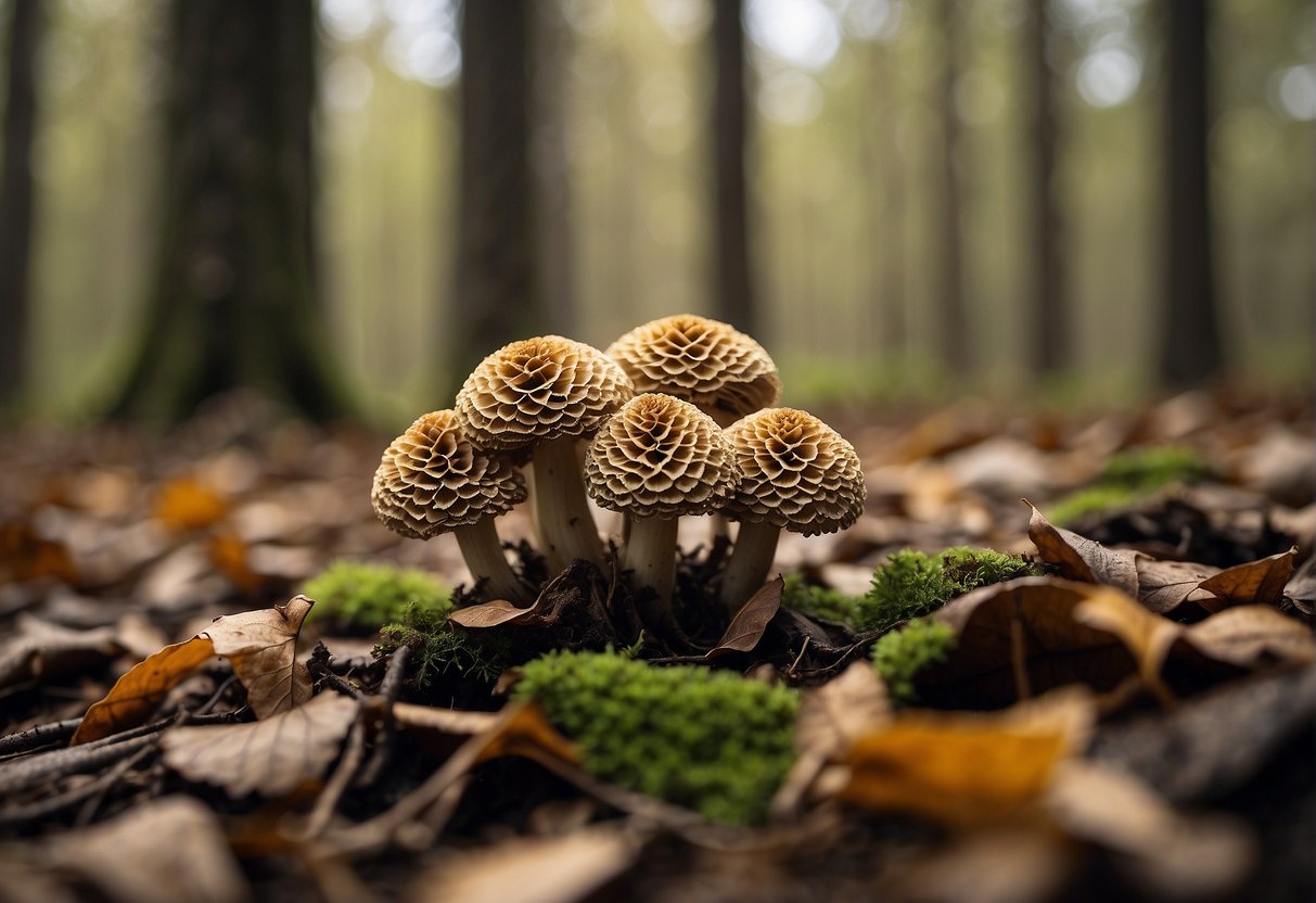 A cluster of big morel mushrooms sprout from the forest floor, their wrinkled caps towering above the fallen leaves