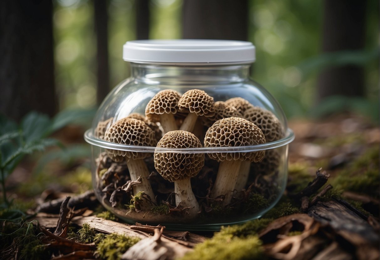 Large morel mushrooms are carefully collected and placed in a protective container to ensure their safety and preservation