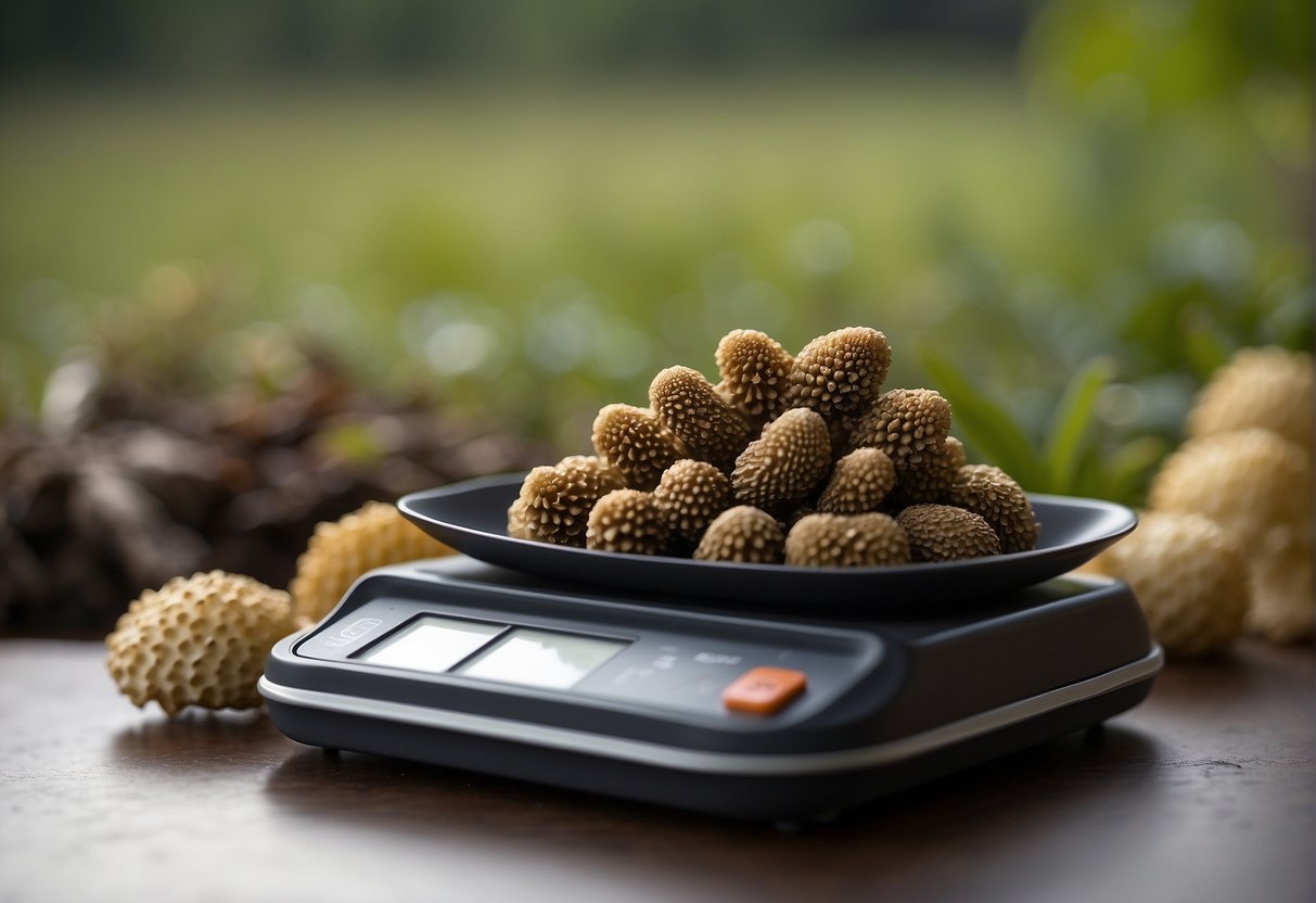 A scale showing 1 pound of morel mushrooms