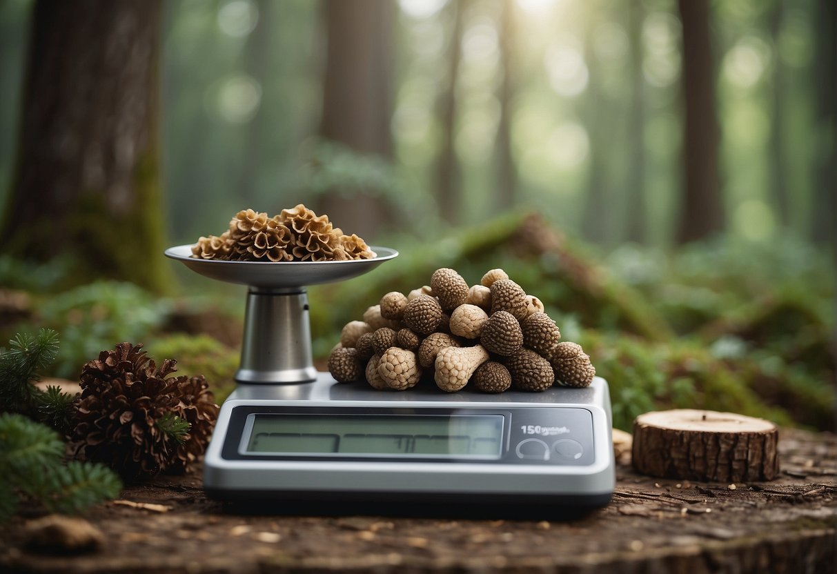 A scale with morel mushrooms piled on one side, a sign reading "Seasonal Morel Mushrooms - $X per pound" displayed nearby