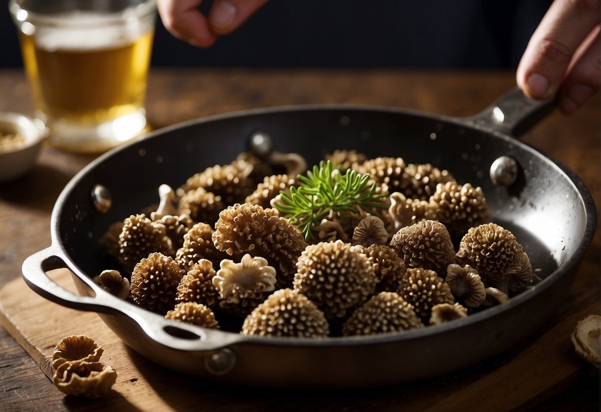 Morel mushrooms, sliced and sautéed in butter, sizzling in a hot pan. A chef adds a sprinkle of salt and pepper for seasoning