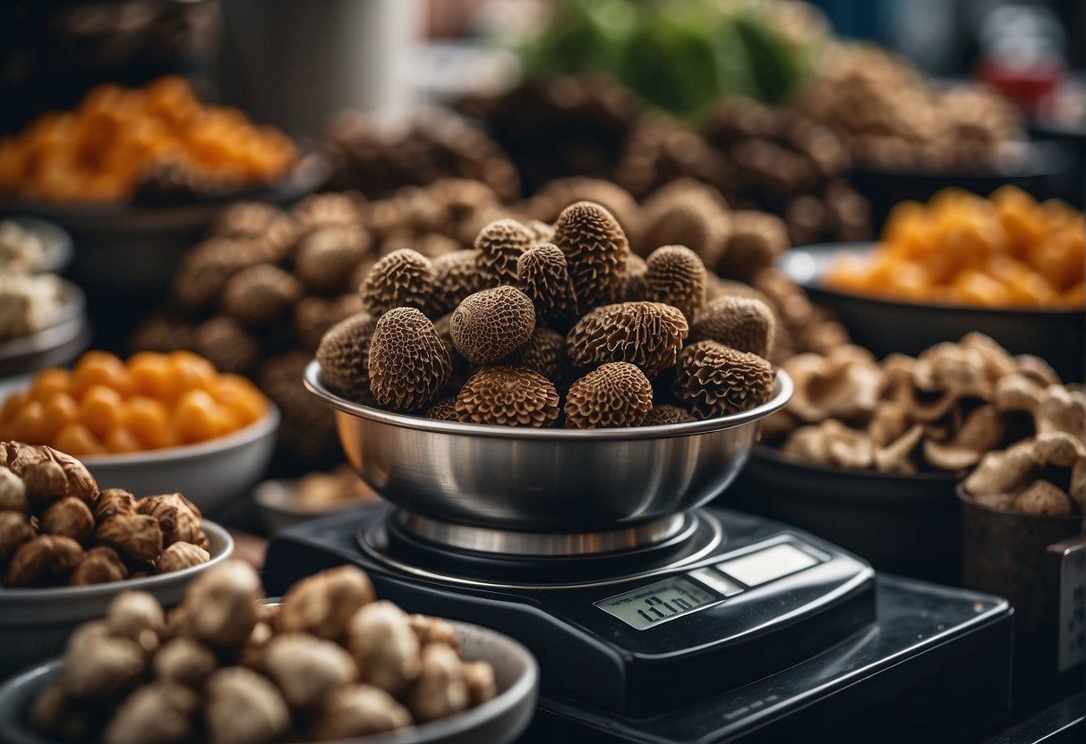 A scale weighs out fresh morel mushrooms in a bustling market stall