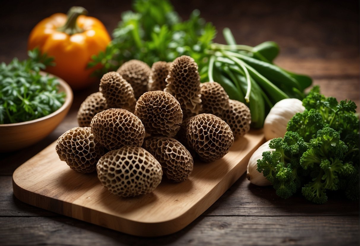 A pound of morel mushrooms sits on a wooden cutting board, surrounded by vibrant green herbs and colorful vegetables, showcasing their health benefits and nutritional value